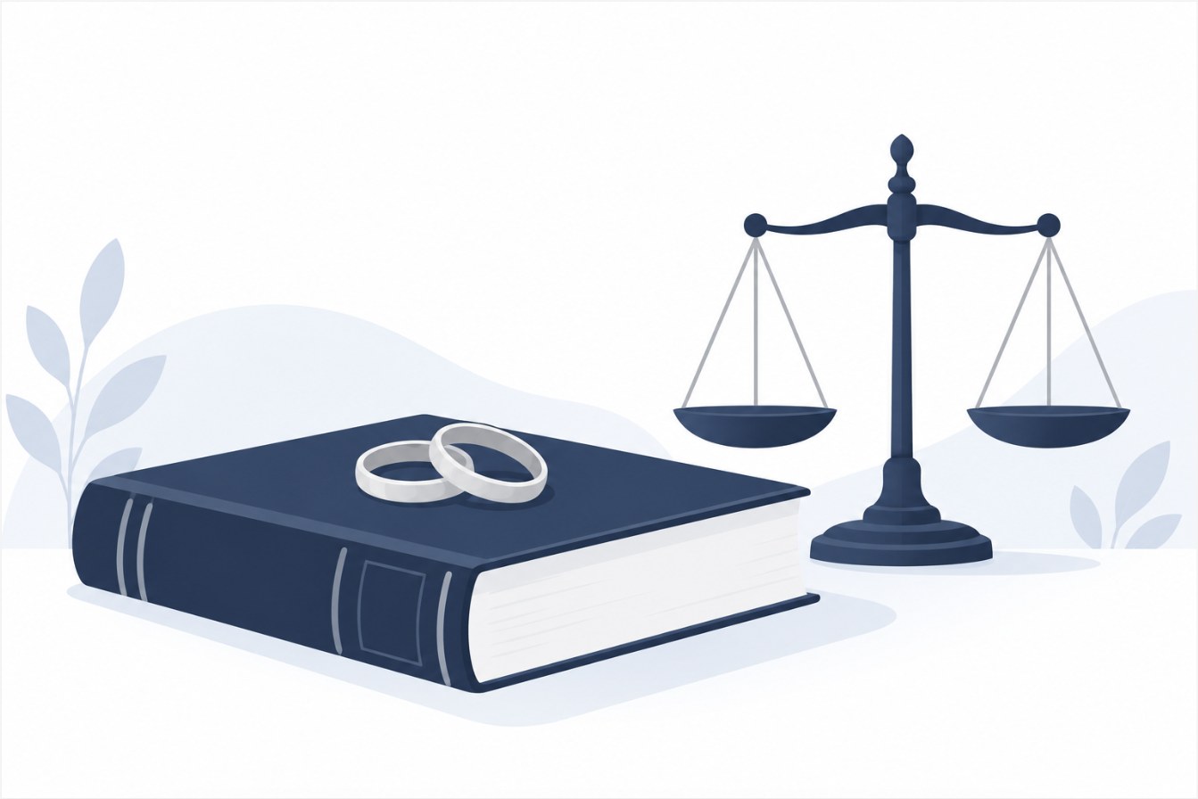 閉じた法律書の上に置かれた2つの指輪と、その横の天秤のイラスト