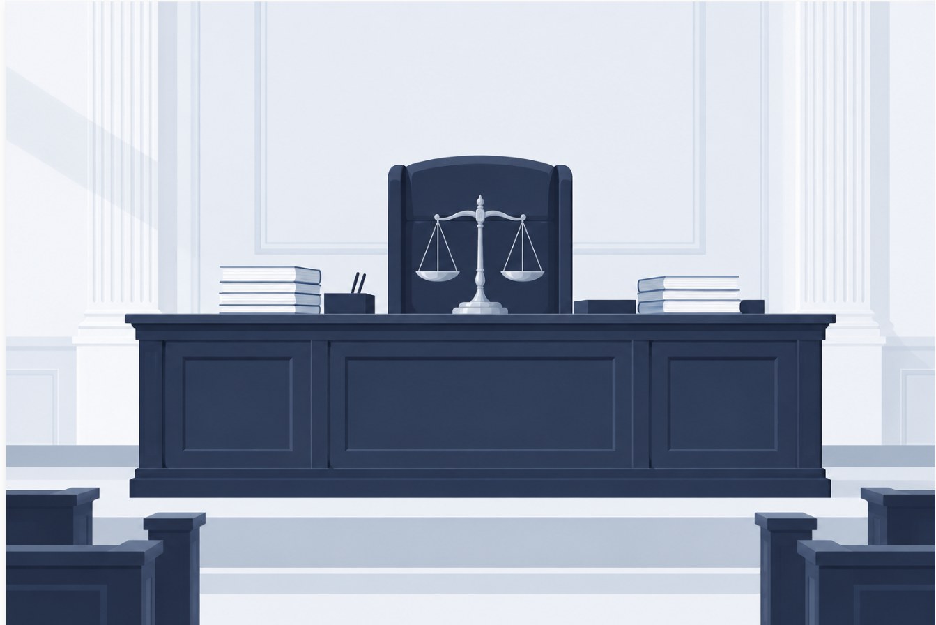 人のいない裁判官席に書類が整然と積まれ、中央に天秤が置かれたイラスト