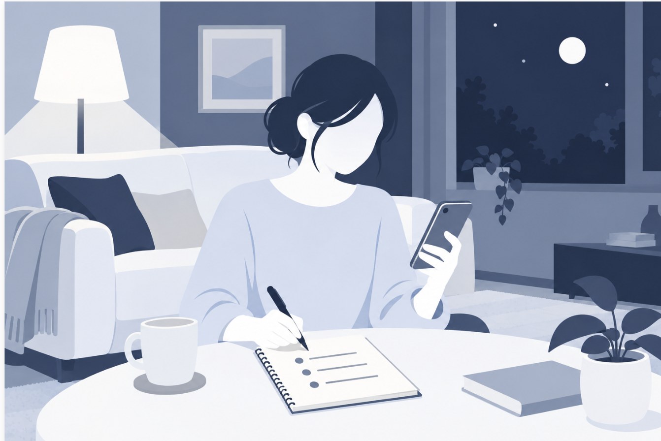 夜のリビングで、スマホを手にノートへ3項目のメモを書いて電話相談の準備をする女性のイラスト