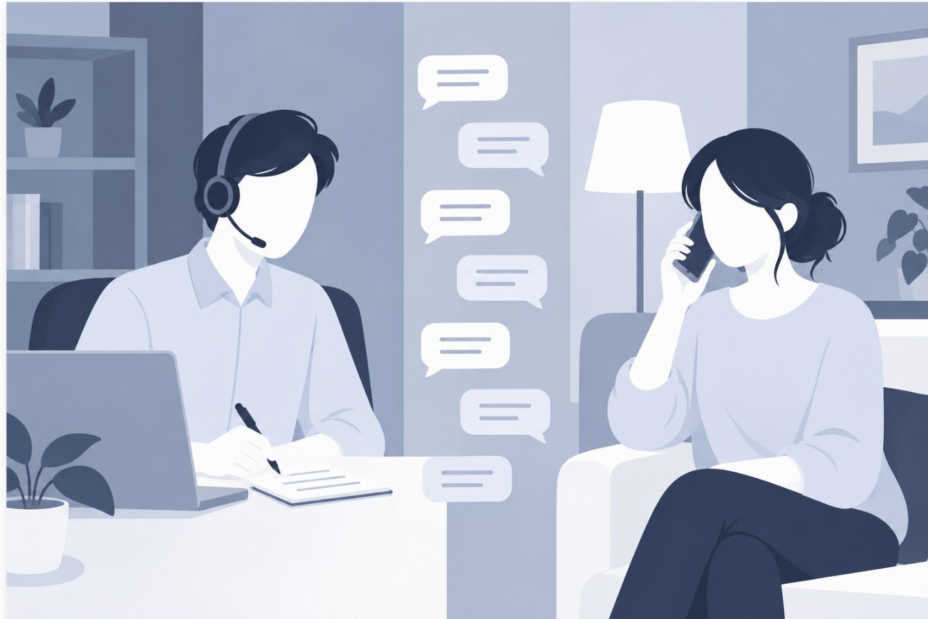 ヘッドセットの相談員と、スマホで相談する女性の間に7つの吹き出しが並ぶイラスト