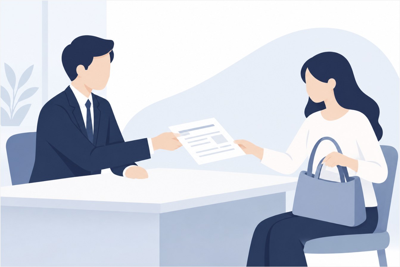 机をはさんで、相談員から見積書を受け取り持ち帰ろうとする女性のイラスト