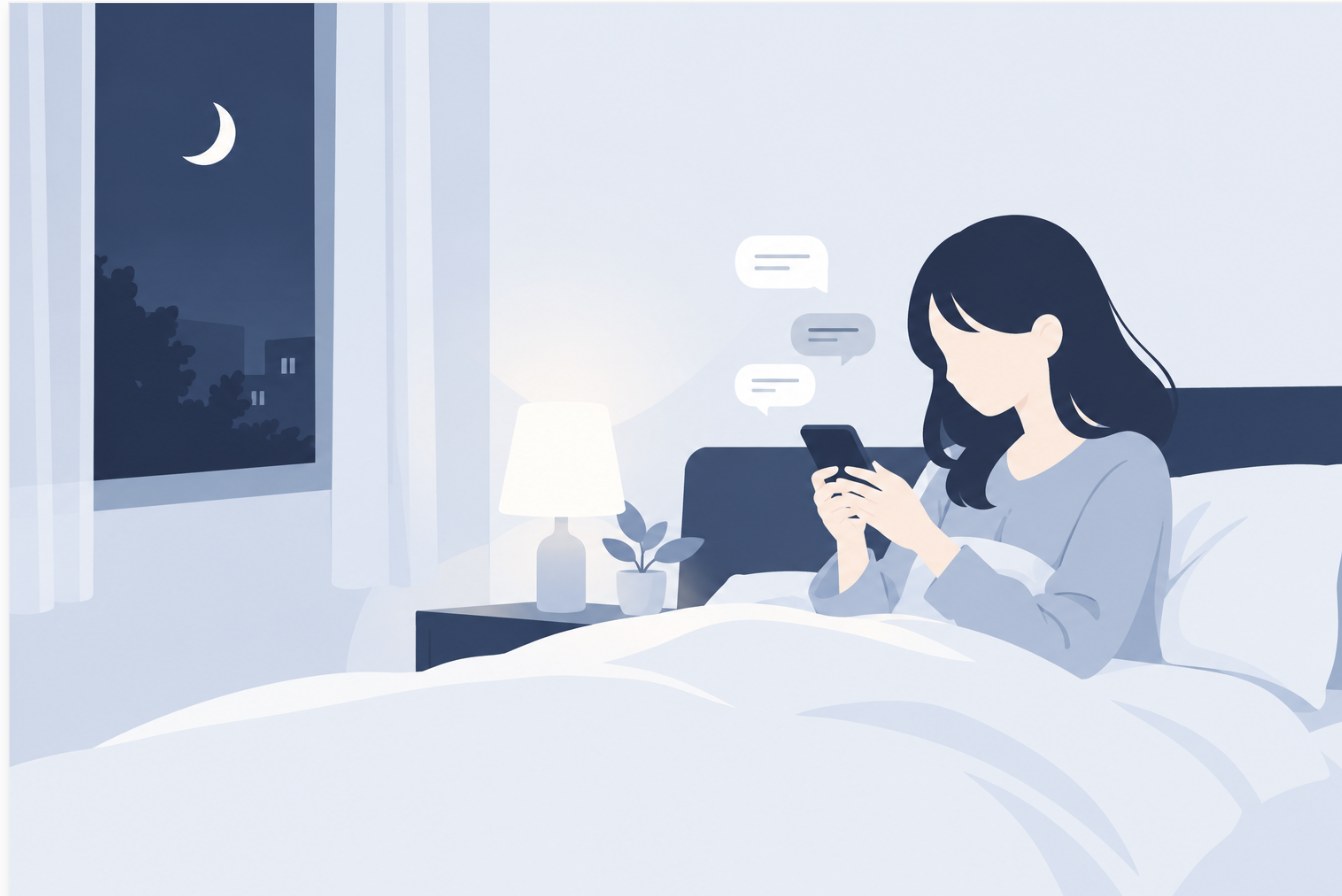 夜、ベッドでスマホからメッセージで相談する女性のイラスト