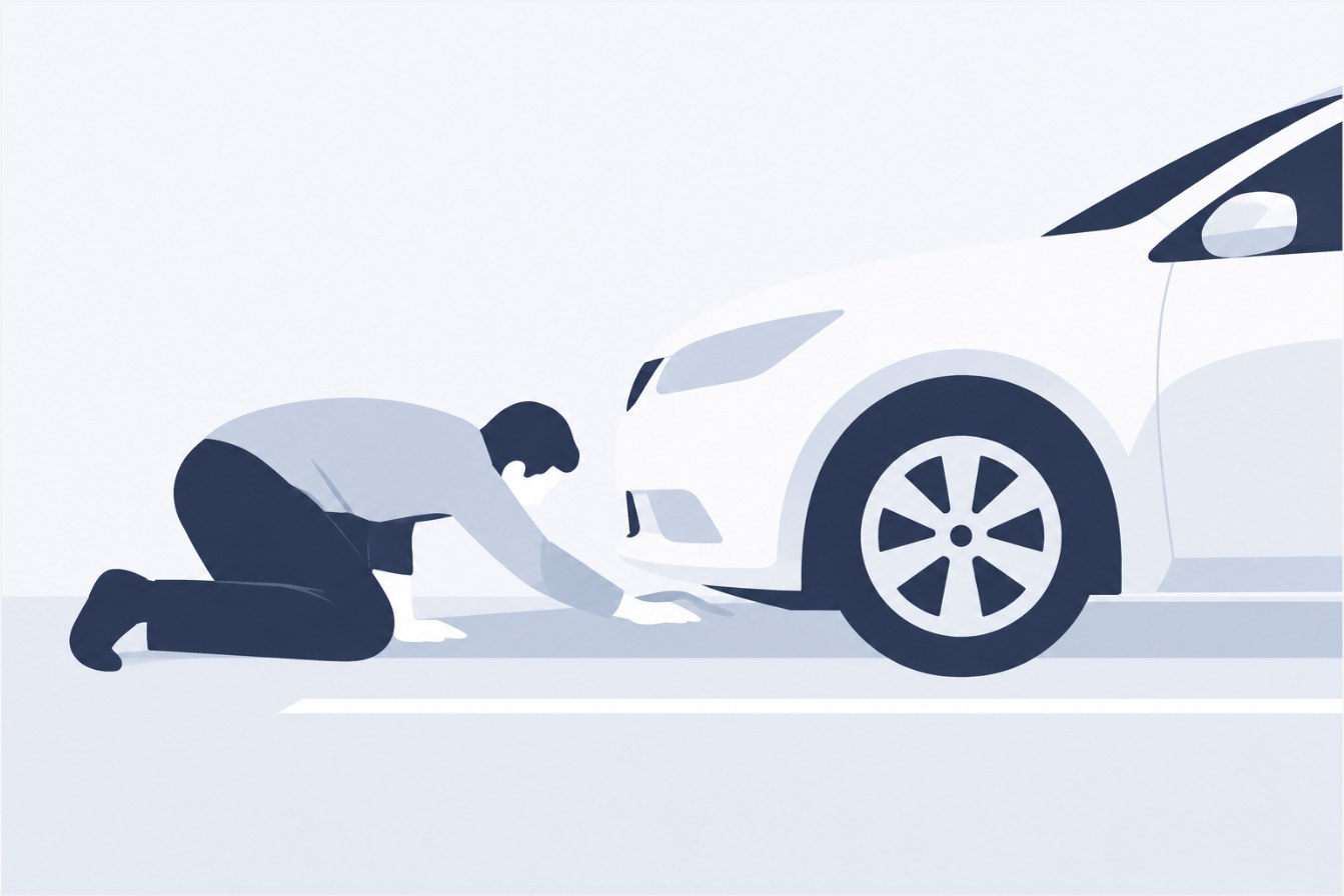駐車した車の下に手を伸ばす人物のシルエットと、その前に引かれた一本の境界線のイラスト