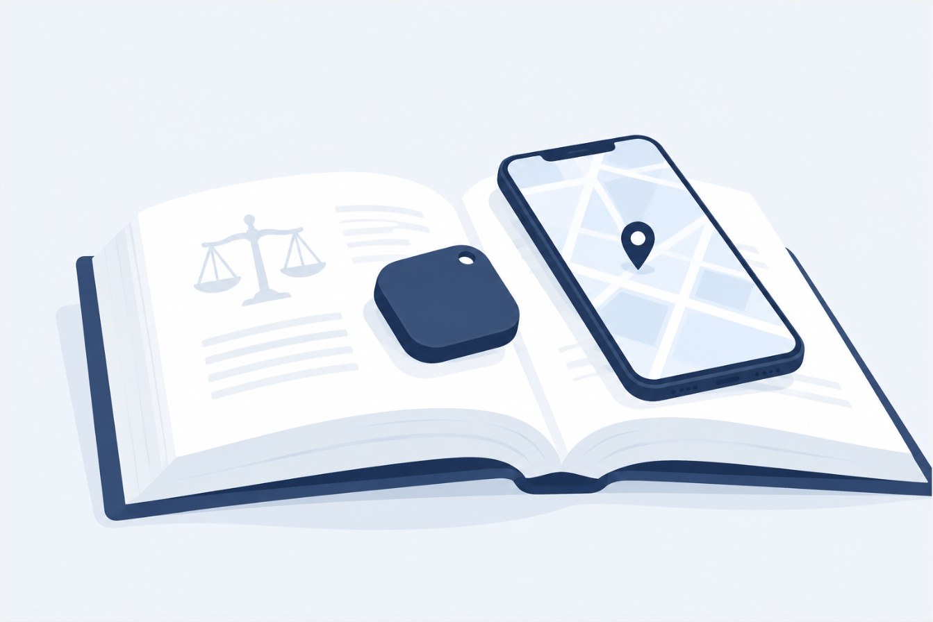 開いた法律書の上に小さなGPS発信機とスマホが置かれたイラスト