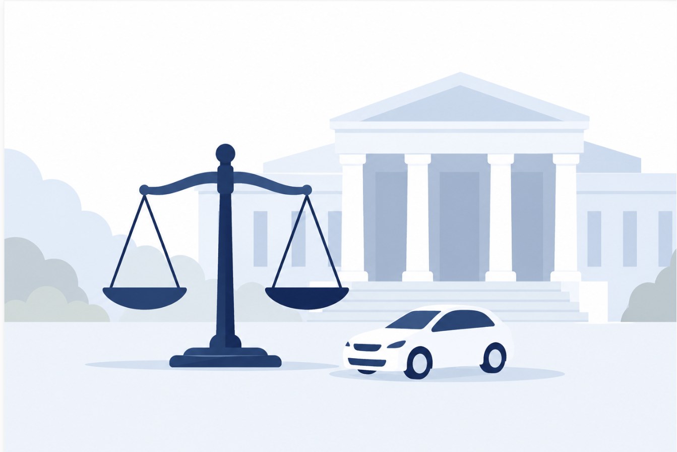 裁判所の建物の前に立つ天秤と、その横に置かれた小さな車の模型のイラスト