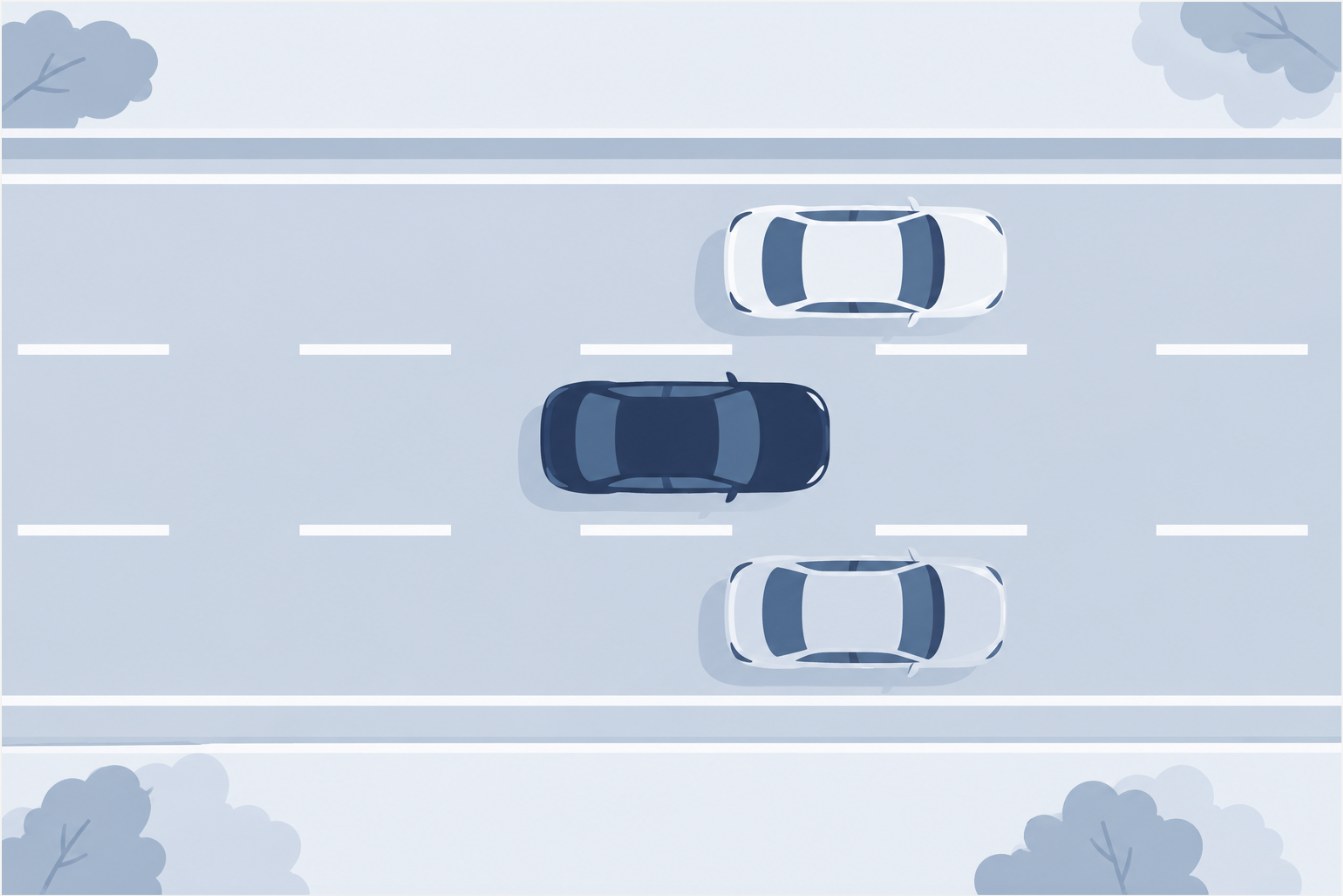 道路の白線の内側を走る車と、その脇を並走する2台の調査車両を俯瞰したイラスト