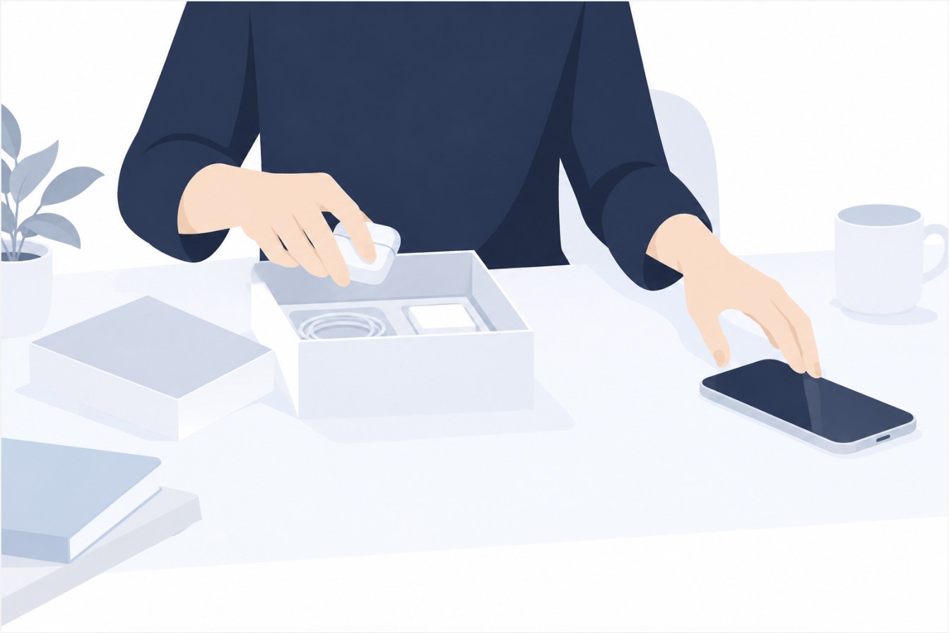 机の上でGPS機器を箱に戻し、電話に手を伸ばす人物の手元のイラスト
