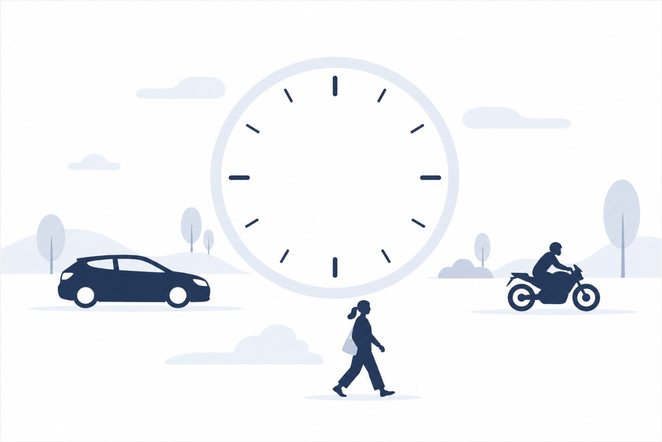 大きな時計の文字盤の周りに、車・バイク・歩く人のシルエットが配置されたイラスト