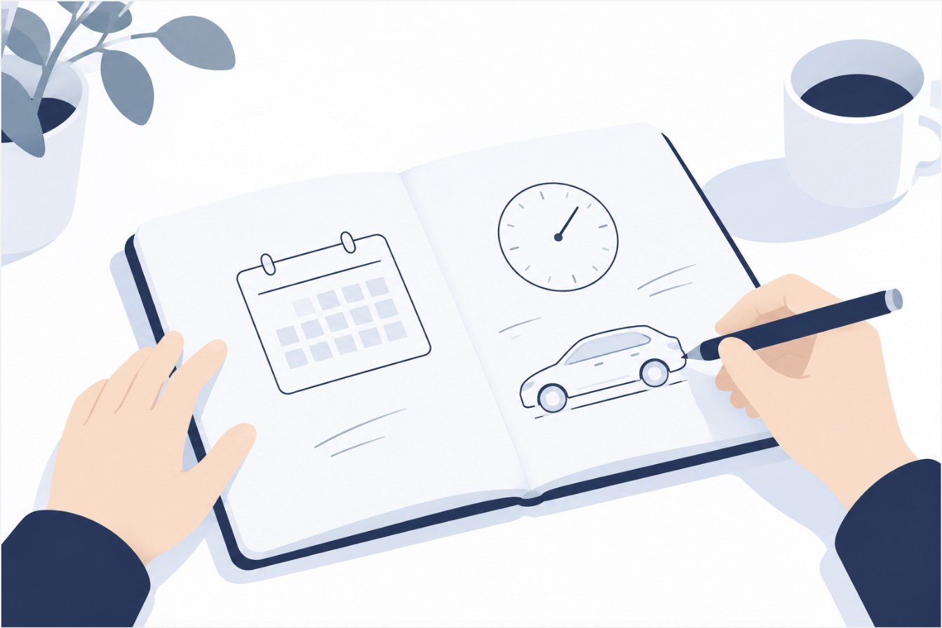 ノートにカレンダー・時計・車のスケッチをまとめて書いている手元のイラスト