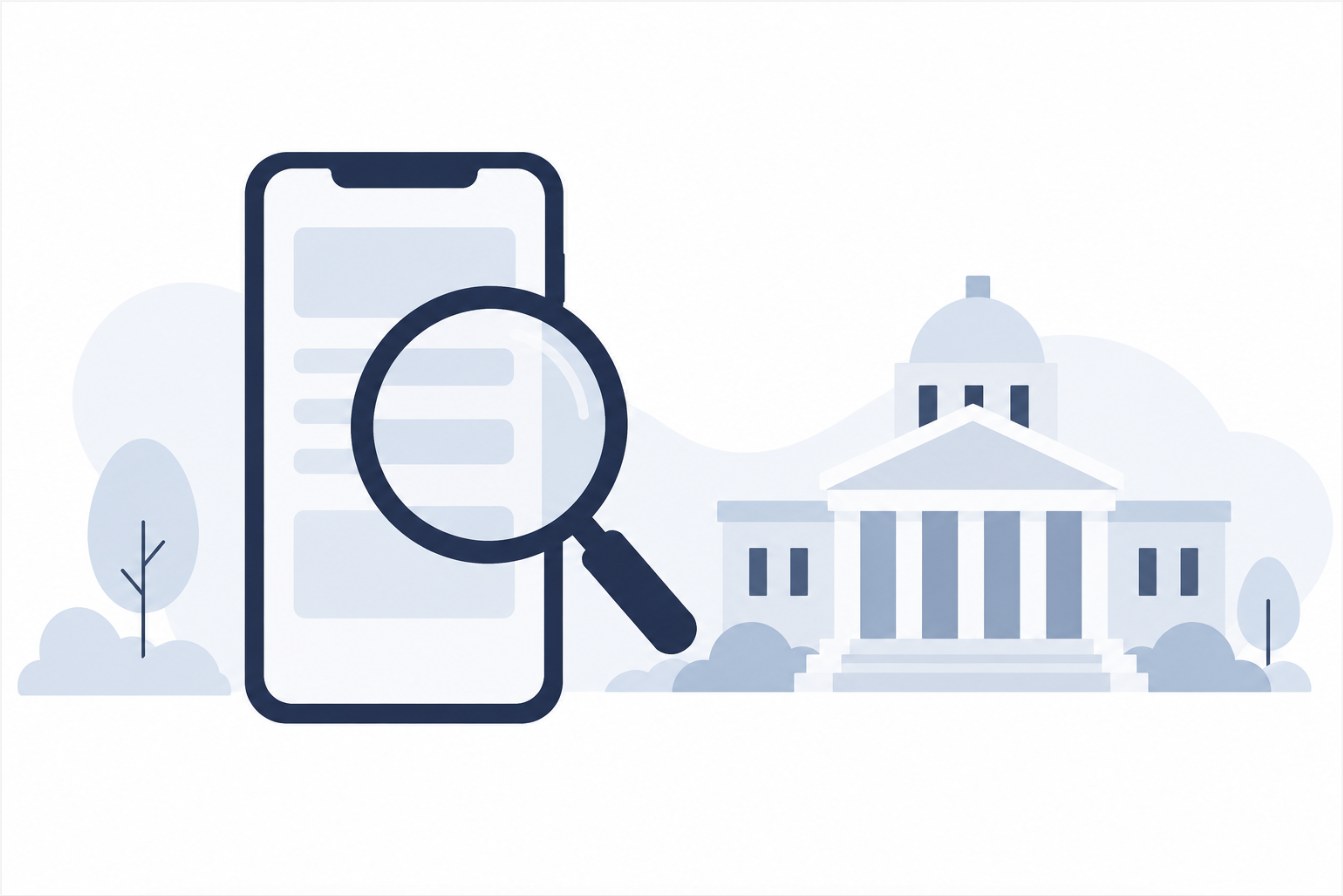 スマホの画面に虫眼鏡が重なり、その隣に警察署の建物のアイコンが描かれたイラスト