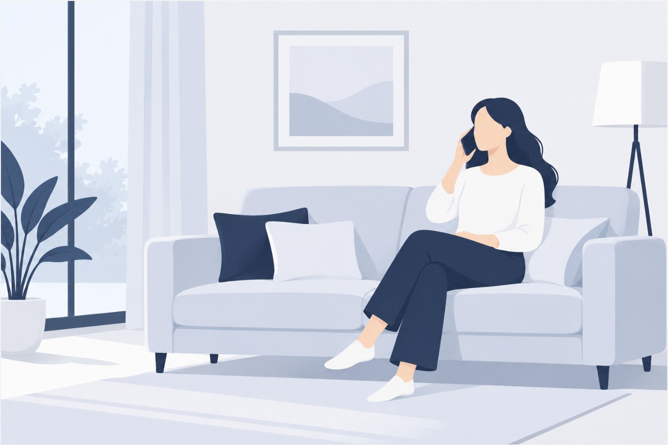 ソファに座ってスマホで電話をする女性。手元には何も置かれていないイラスト
