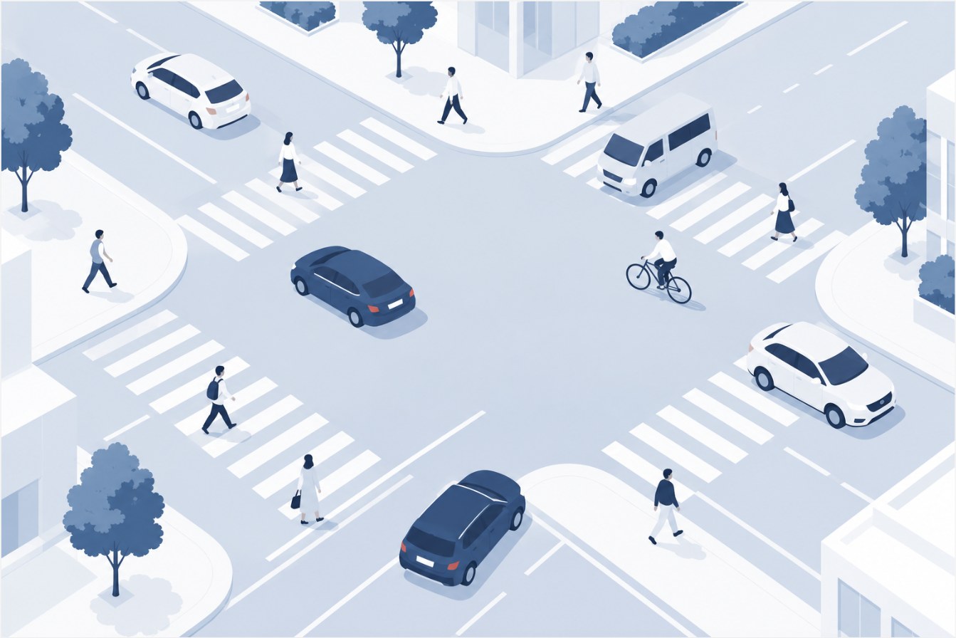 交差点を俯瞰し、複数の車両と徒歩の人が位置を入れ替えている様子のイラスト