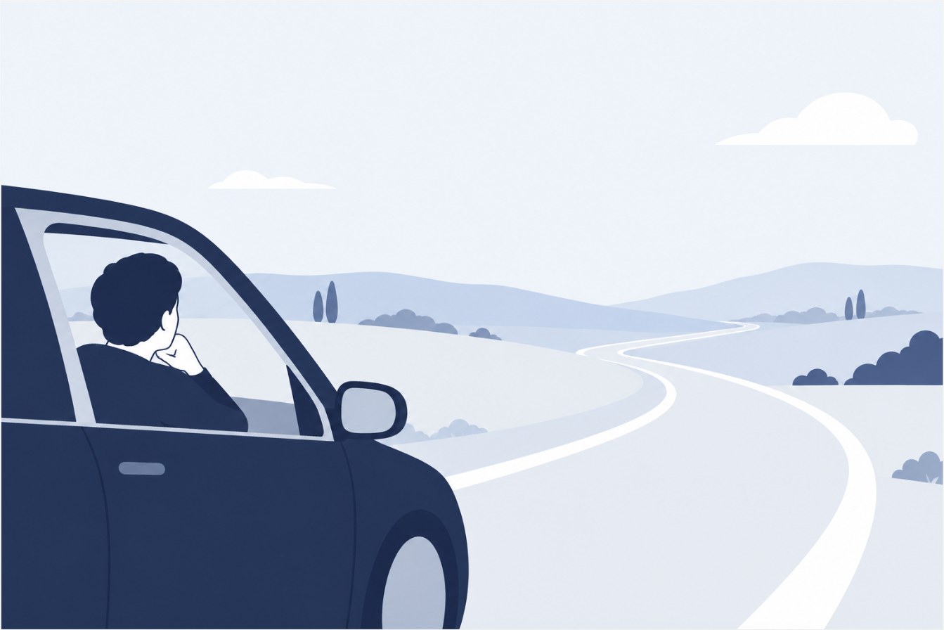 停めた車の運転席で迷っている人物のシルエットと、その先に続く道のイラスト