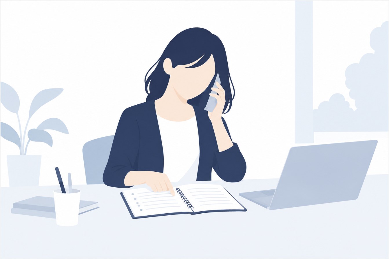 電話をしながら、ノートの項目を指でたどる女性のイラスト